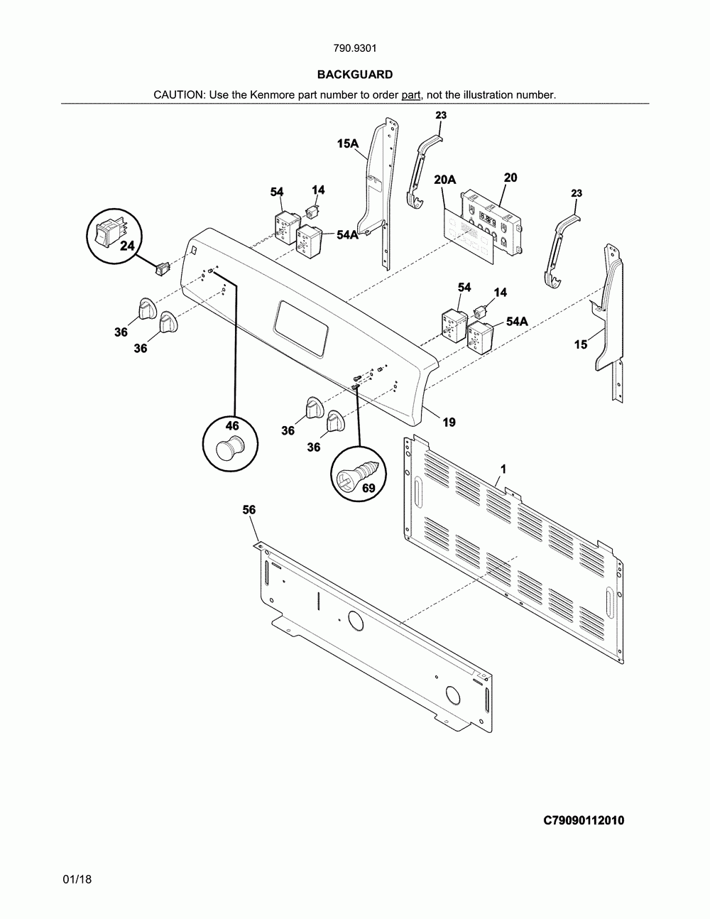Backguard Diagram and Parts List for 79093012314  Kenmore Range