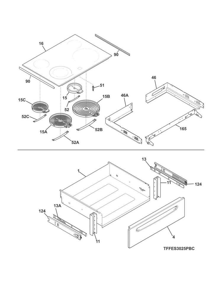 Top/drawer Diagram and Parts List for FFES3025PBG  Frigidaire Range