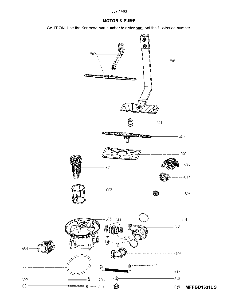 Motor & pump Diagram and Parts List for 58714639J01B  Kenmore Dishwasher