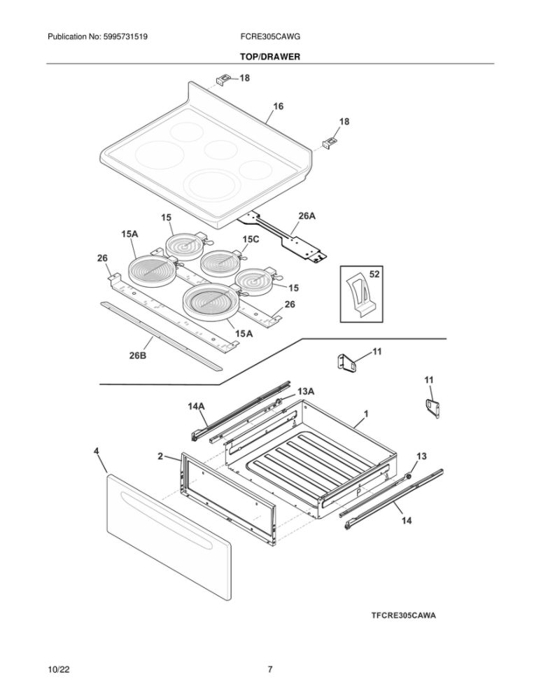 Top/Drawer Diagram and Parts List for FCRE305CAWG  Frigidaire Range