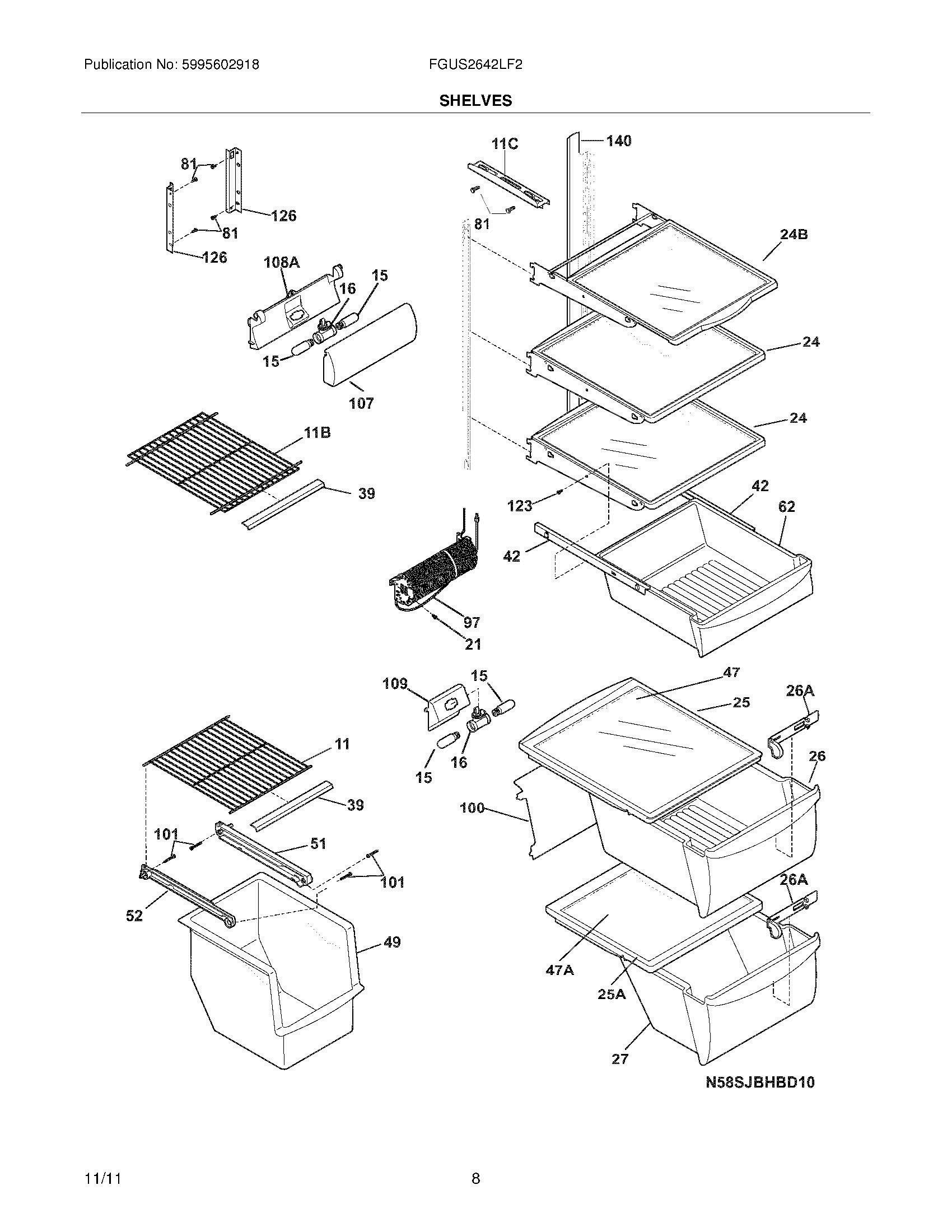 09 - SHELVES Diagram and Parts List for FGUS2642LF2  Frigidaire Refrigerator