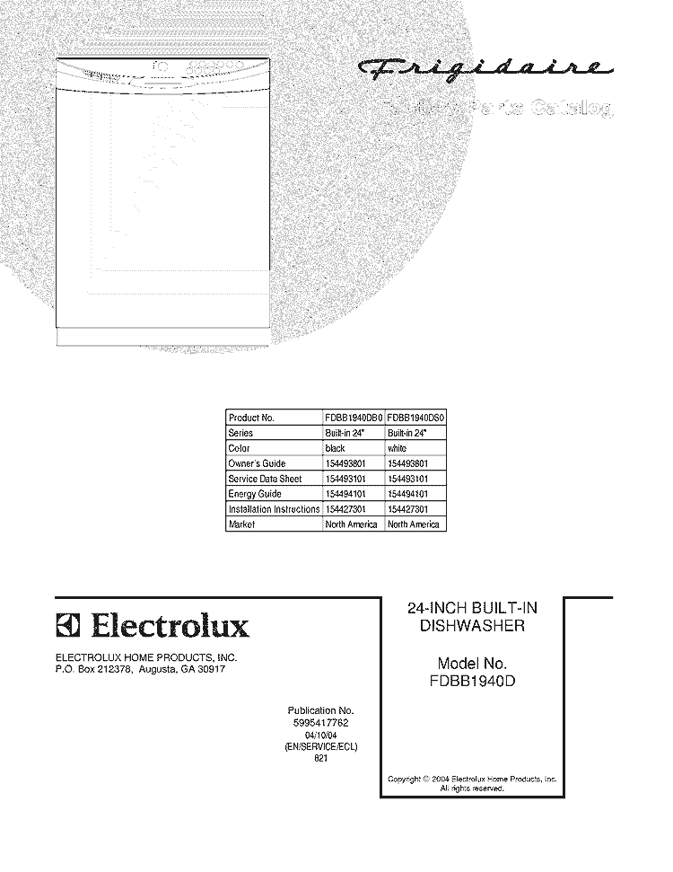 COVER Diagram and Parts List for FDBB1940DS0  Frigidaire Dishwasher