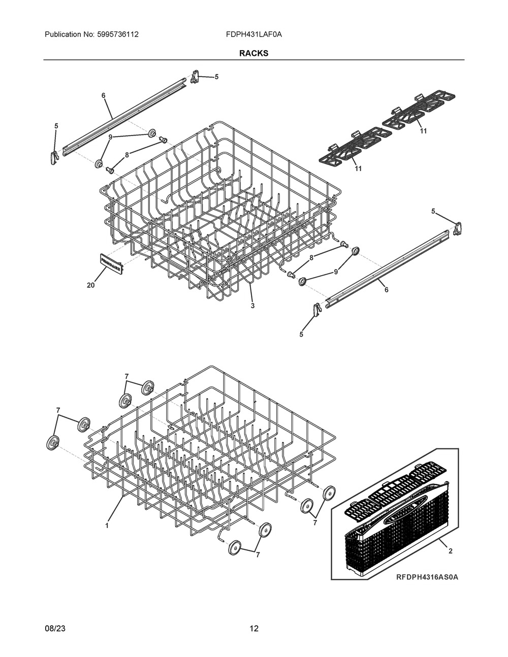 Racks Diagram and Parts List for FDPH431LAF0A  Frigidaire Dishwasher