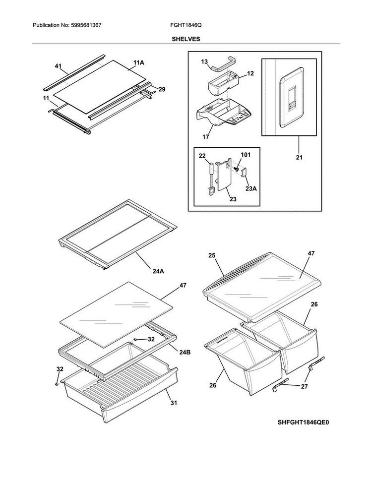 Shelves Diagram and Parts List for FGHT1846QP3  Frigidaire Refrigerator