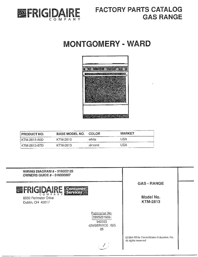 Gas Range Diagram and Parts List for KTM-2813-80D  Frigidaire Range