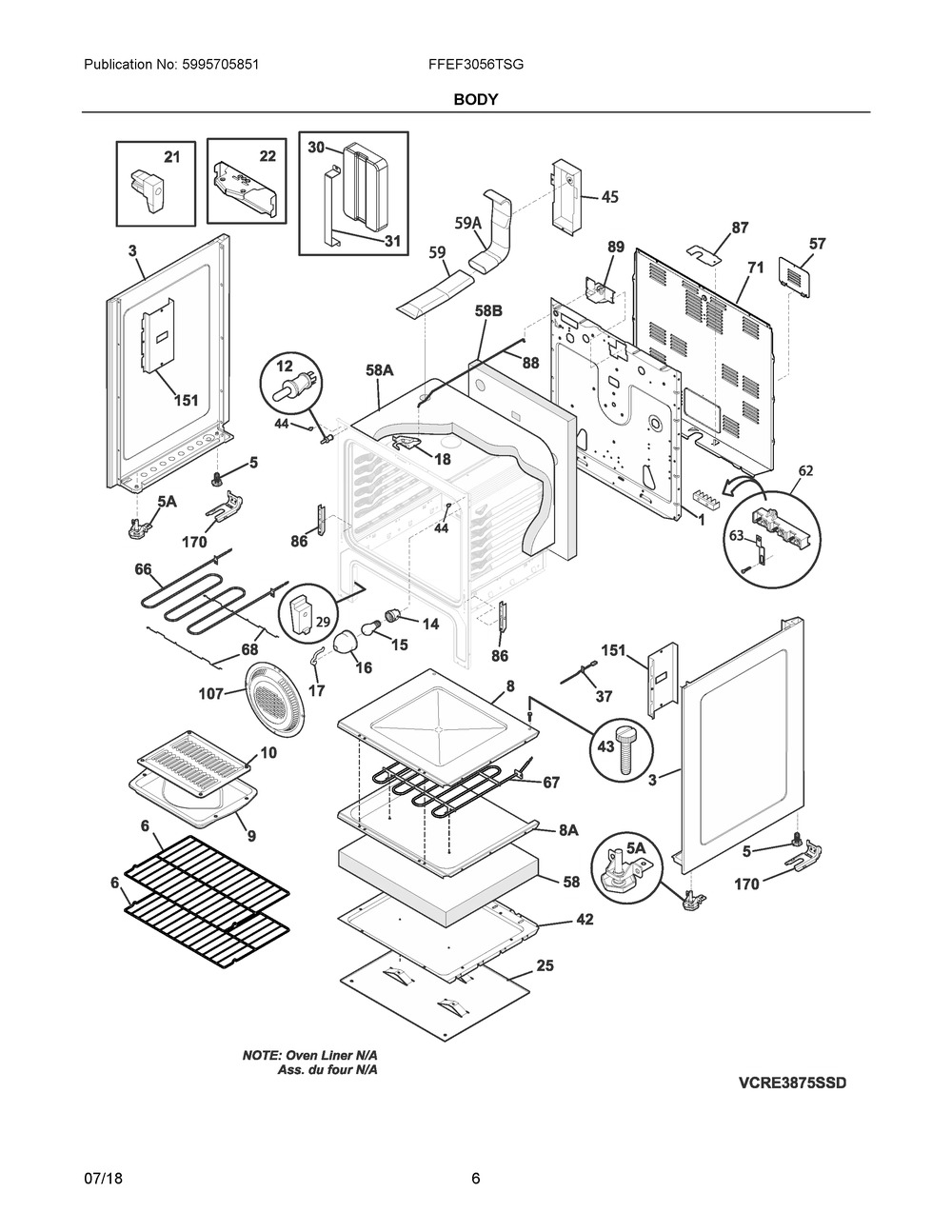 Body Diagram and Parts List for FFEF3056TSG  Frigidaire Range