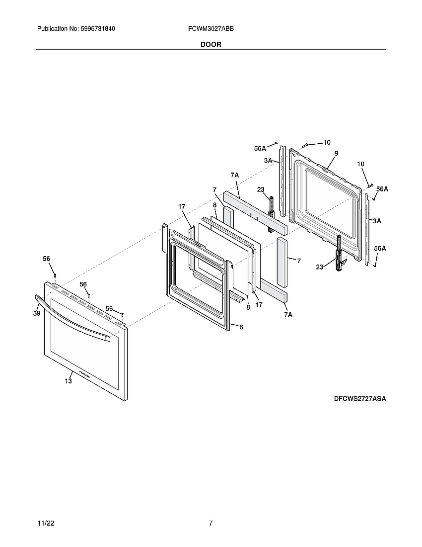 Door Diagram and Parts List for FCWM3027ABB  Frigidaire Wall Oven