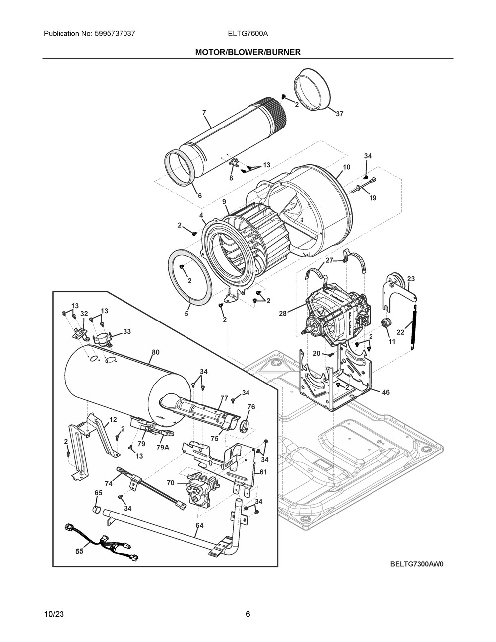 Motor/Blower/Burner Diagram and Parts List for ELTG7600AT0  Frigidaire Washer Dryer Combo