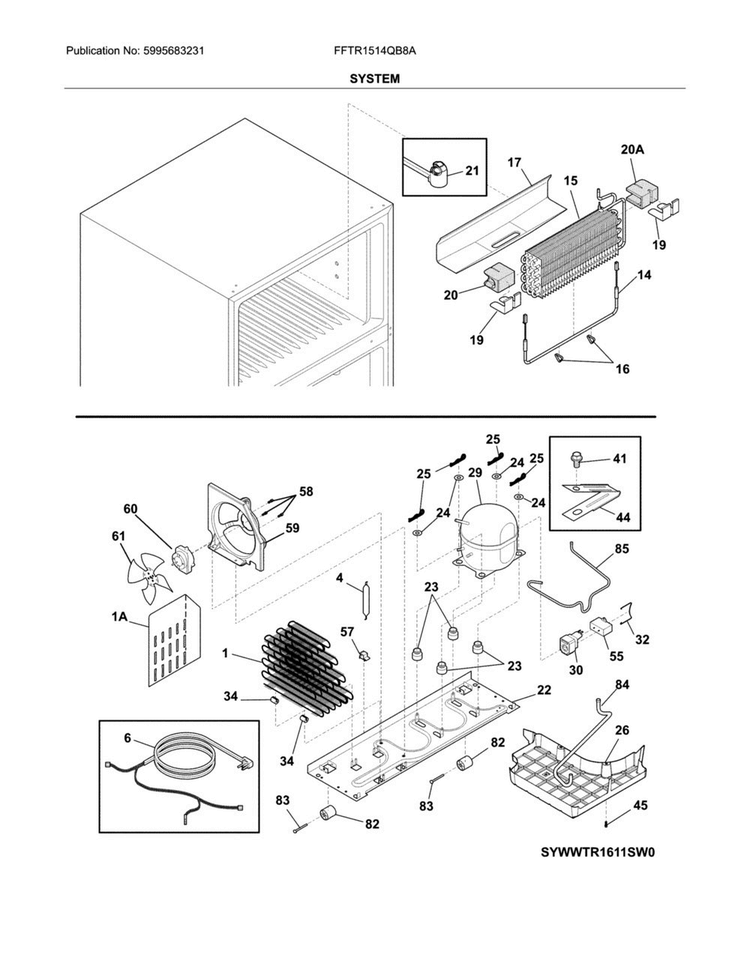 System Diagram and Parts List for FFTR1514QB8A  Frigidaire Refrigerator