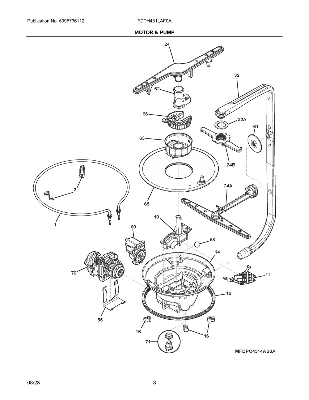 Motor And Pump Diagram and Parts List for FDPH431LAF0A  Frigidaire Dishwasher