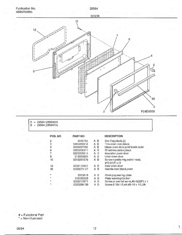 Door Diagram and Parts List for 285647A  Frigidaire Range