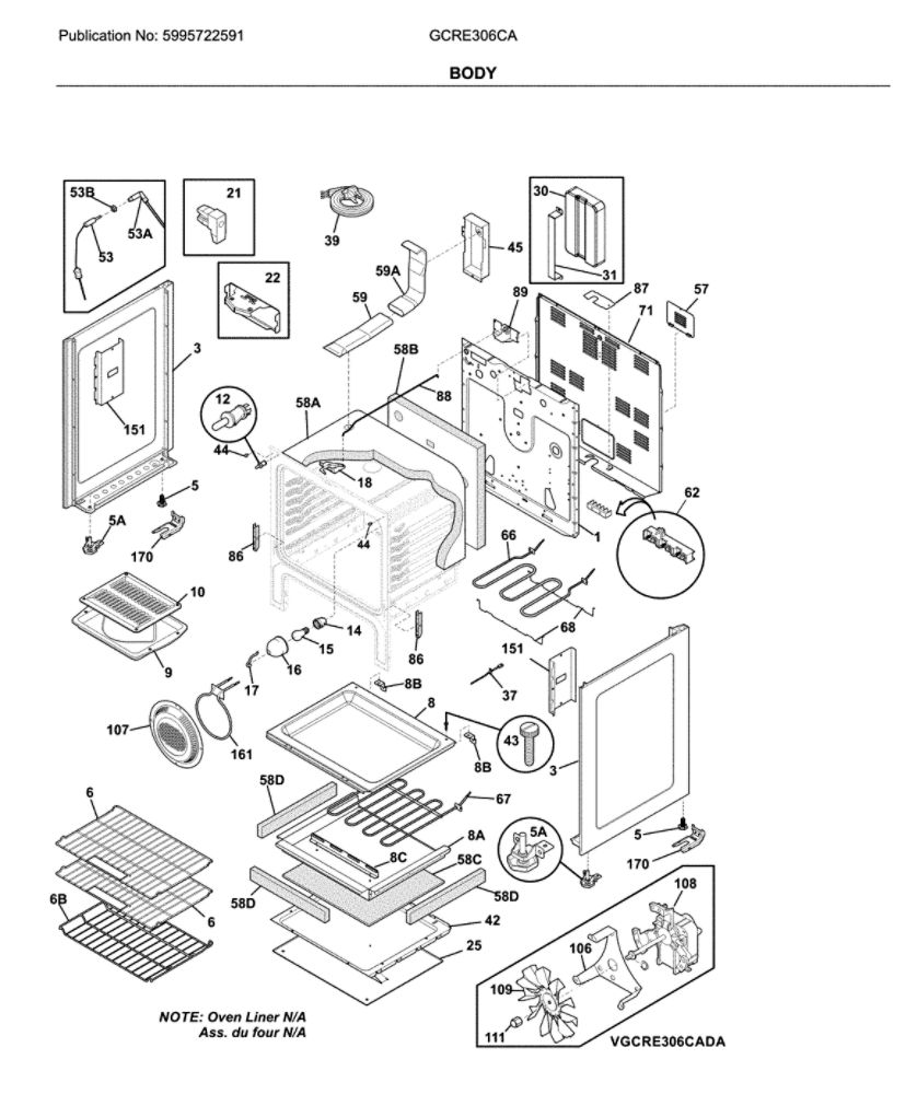 Body Diagram and Parts List for GCRE306CAFC  Frigidaire Range