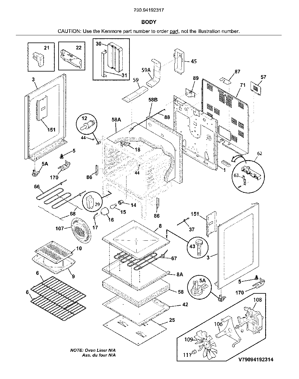 Body Diagram and Parts List for 79094192317  Kenmore Range