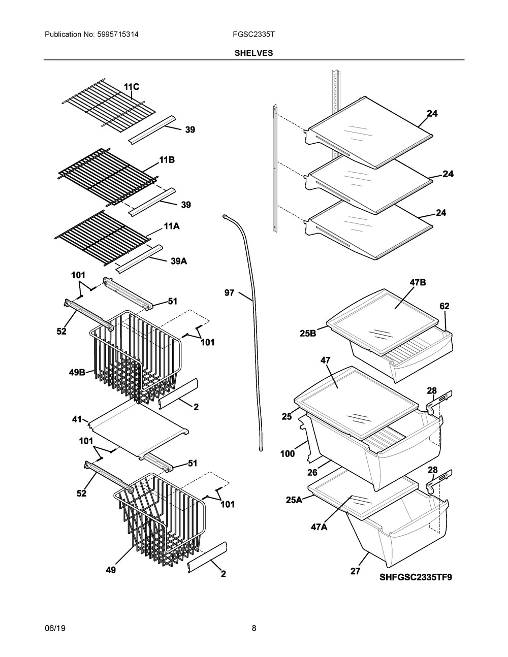 Shelves Diagram and Parts List for FGSC2335TF9  Frigidaire Refrigerator