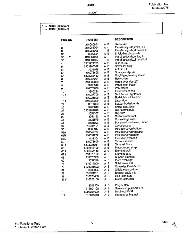 Body Page 2 Diagram and Parts List for 484367A  Frigidaire Range