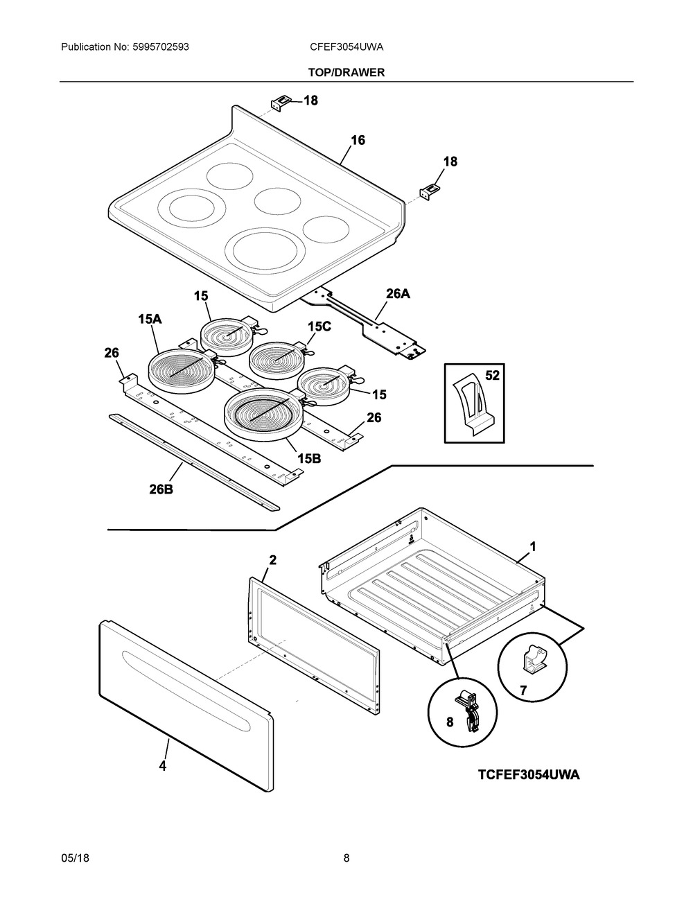 Top/drawer Diagram and Parts List for CFEF3054UWA  Frigidaire Range