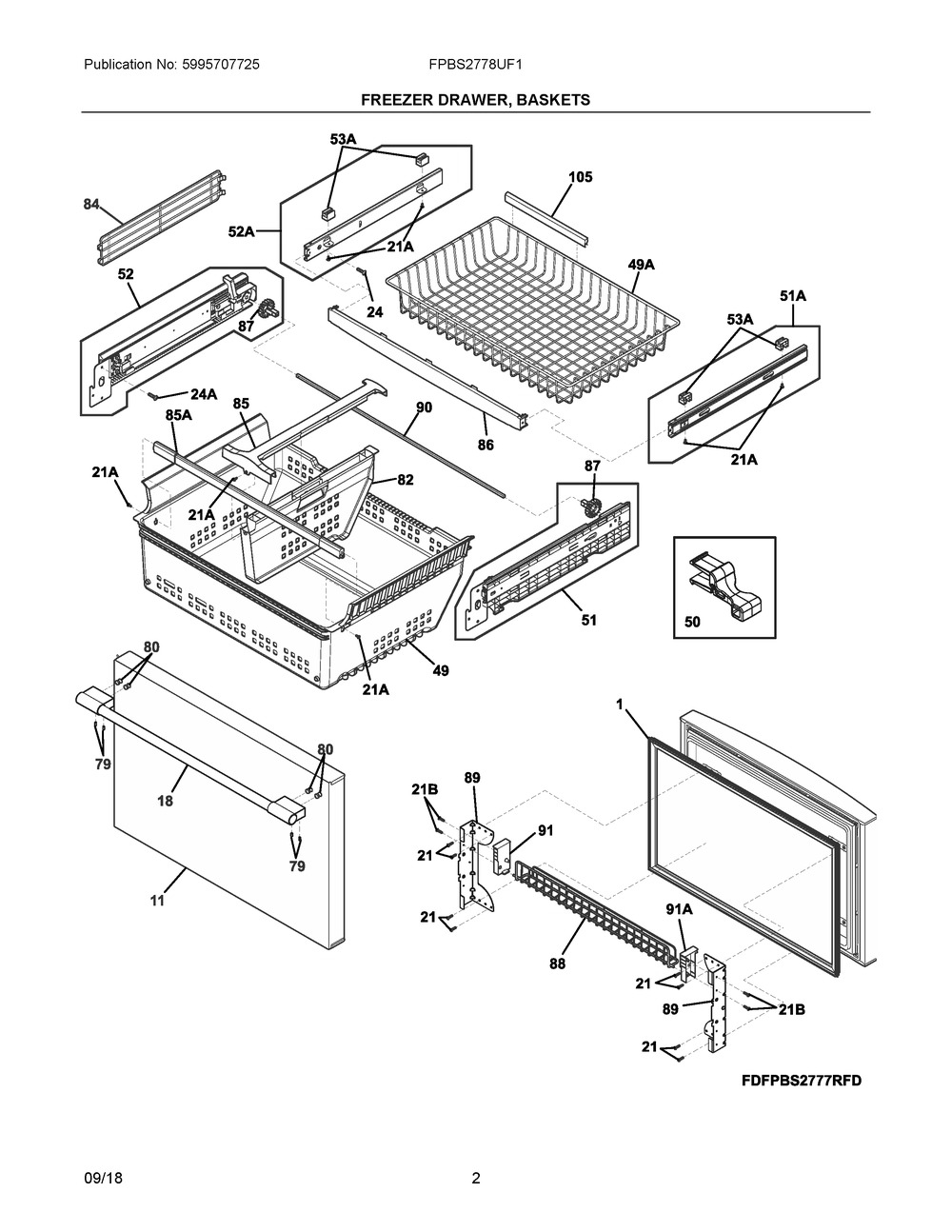 Freezer Drawer, Baskets Diagram and Parts List for FPBS2778UF1  Frigidaire Refrigerator