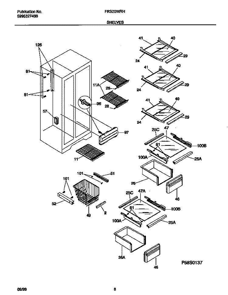 SHELVES Diagram and Parts List for FRS20WRHW4  Frigidaire Refrigerator