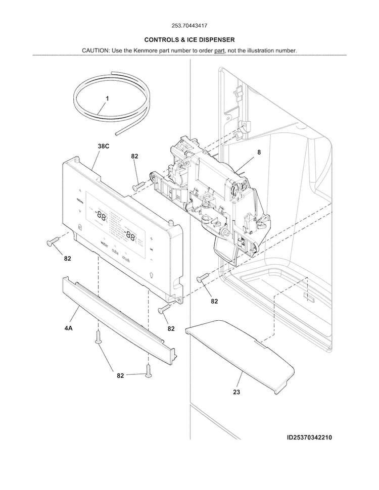 Controls & Ice Dispenser Diagram and Parts List for 25370443417  Kenmore Refrigerator