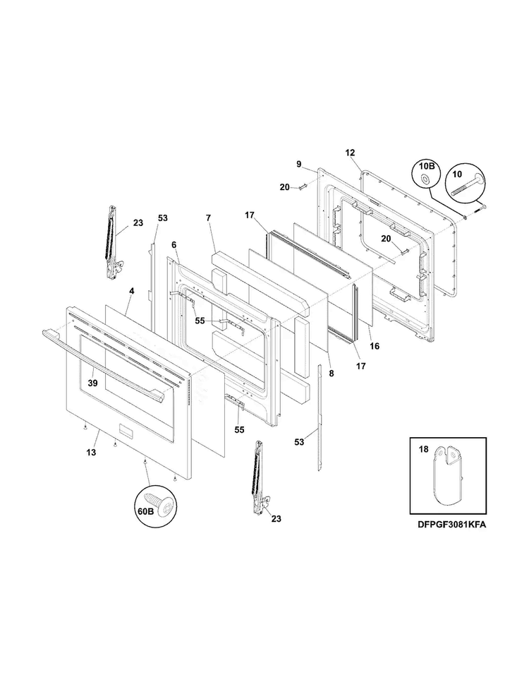 Door Diagram and Parts List for FPGF3081KFS  Frigidaire Range