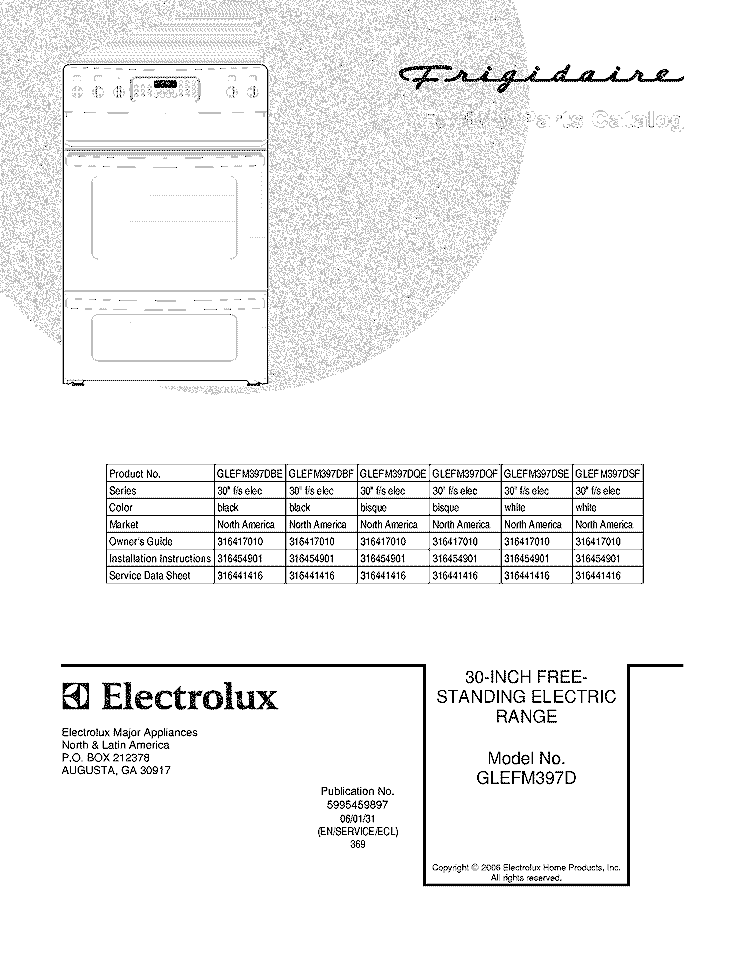 COVER Diagram and Parts List for GLEFM397DSE  Frigidaire Range