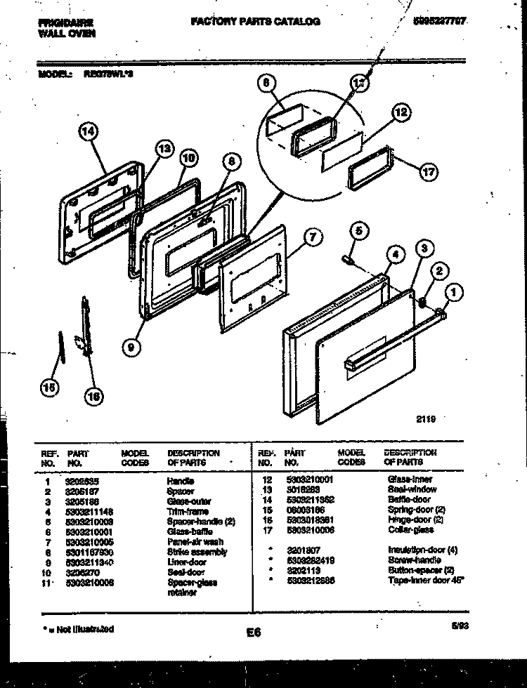 DOOR PARTS Diagram and Parts List for REG78WL3  Frigidaire Wall Oven