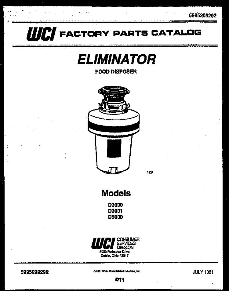 COVER Diagram and Parts List for D5000  Frigidaire Food Waste Disposer