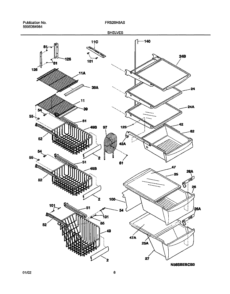 SHELVES Diagram and Parts List for FRS26H5ASB0  Frigidaire Refrigerator