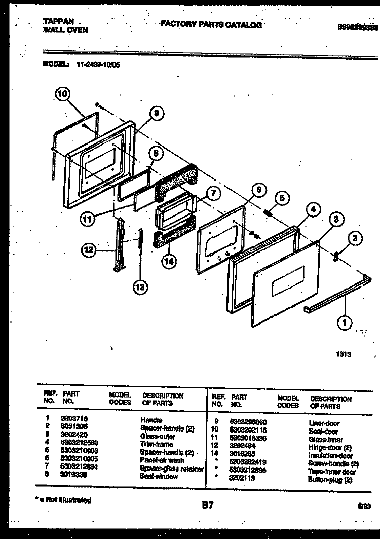 DOOR PARTS Diagram and Parts List for 11-2439-00-05  Tappan Wall Oven