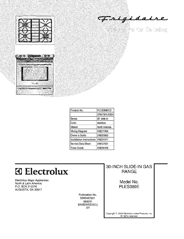 COVER Diagram and Parts List for PLCS389ECD  Frigidaire Range