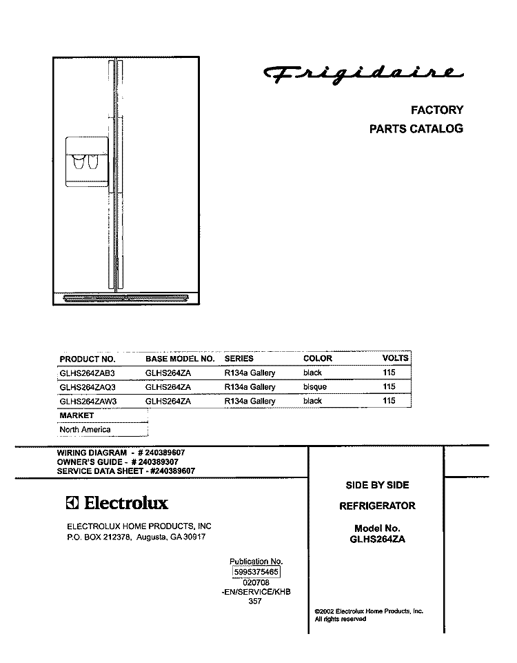 COVER Diagram and Parts List for GLHS264ZAW3  Frigidaire Refrigerator