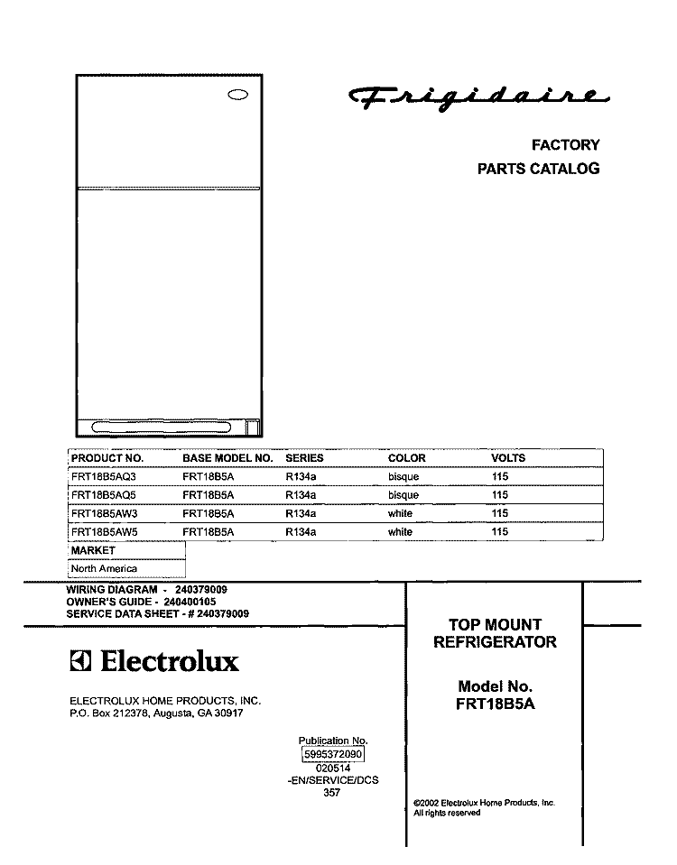 COVER Diagram and Parts List for FRT18B5AW5  Frigidaire Refrigerator