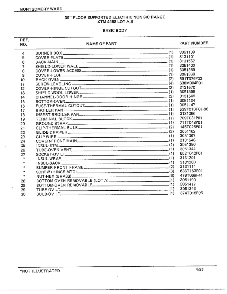 30" Floor Supported Elec Basic Body Page 2 Diagram and Parts List for 4458B  Frigidaire Range