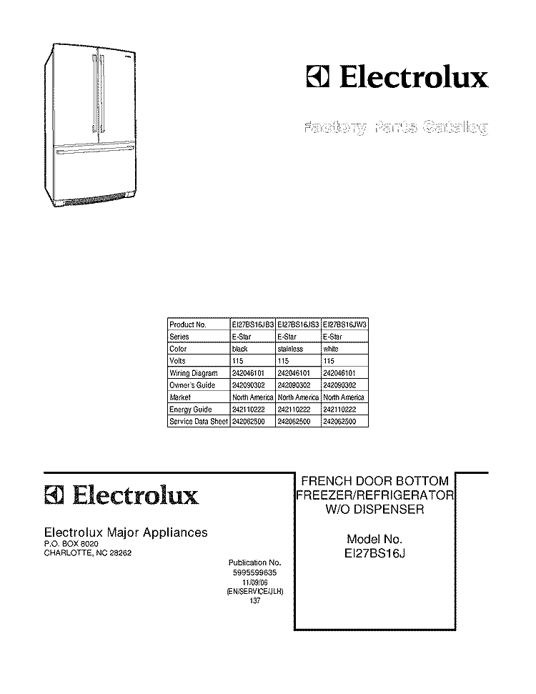 COVER Diagram and Parts List for EI27BS16JS3  Electrolux Refrigerator
