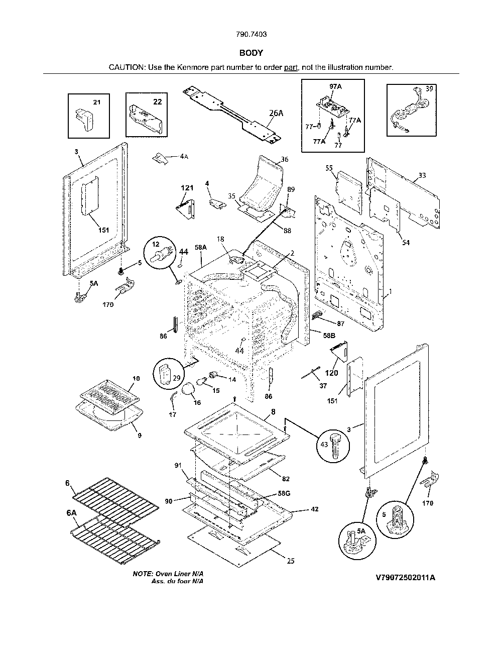 Body Diagram and Parts List for 79074032313  Kenmore Range