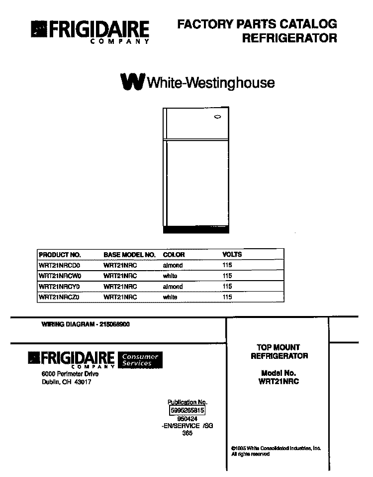 COVER Diagram and Parts List for WRT21NRCD0  Frigidaire Refrigerator