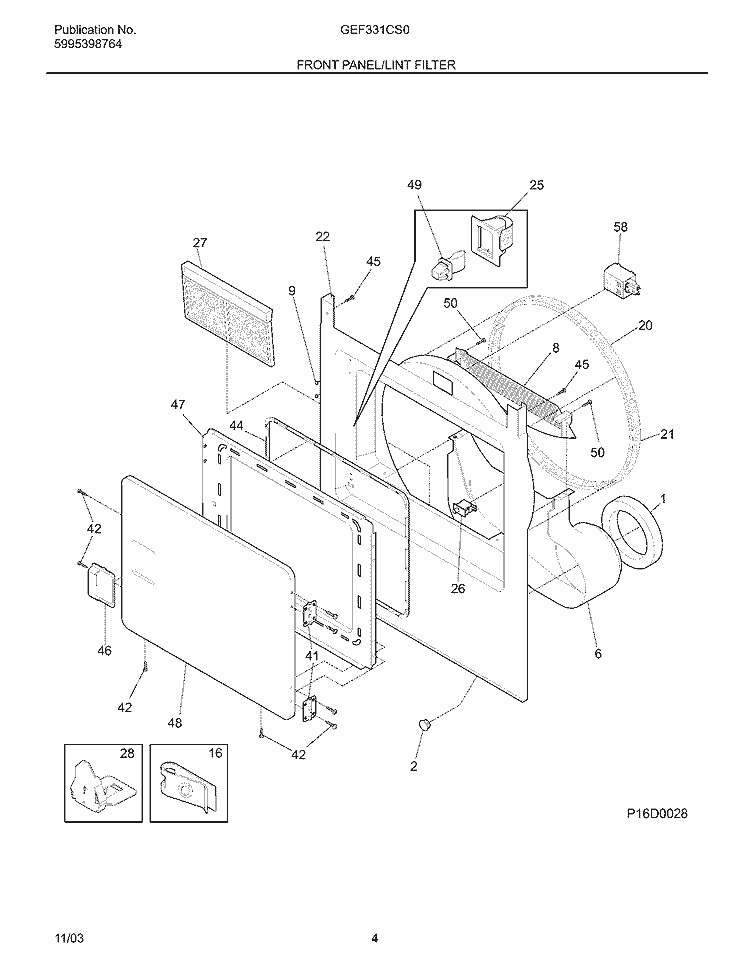 FRONT PANEL / LINT FILTER Diagram and Parts List for GEF331CS0  Gibson Dryer