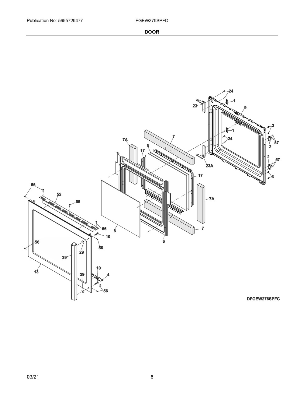 Door Diagram and Parts List for FGEW276SPFD  Frigidaire Range