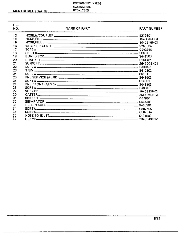 Dishwasher Page 9 Diagram and Parts List for 1236B  Frigidaire Dishwasher