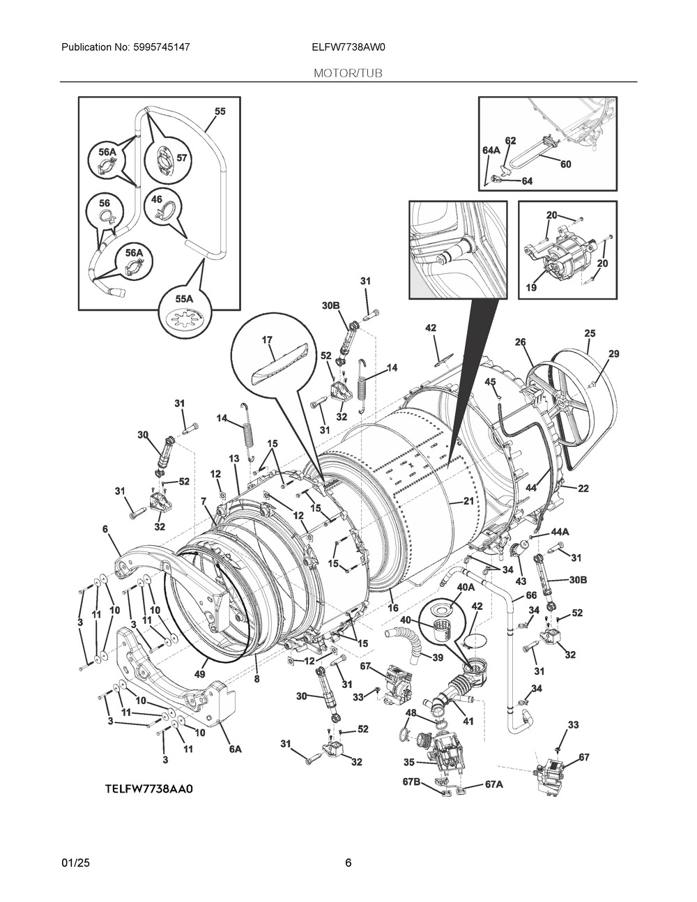 Motor/Tub Diagram and Parts List for ELFW7738AW0  Frigidaire Washer