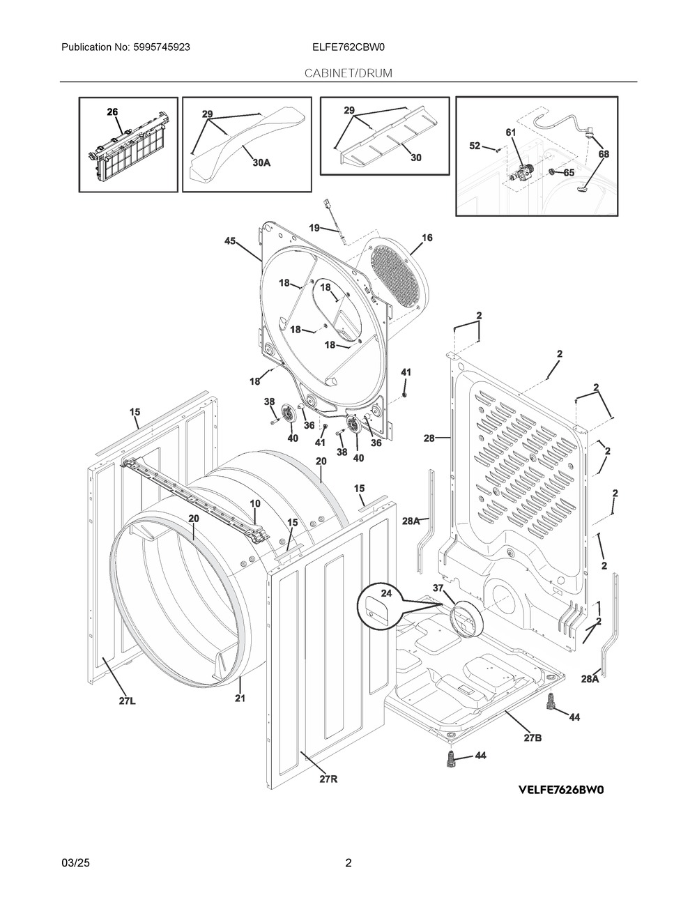 Cabinet/Drum Diagram and Parts List for ELFE762CBW0  Frigidaire Dryer