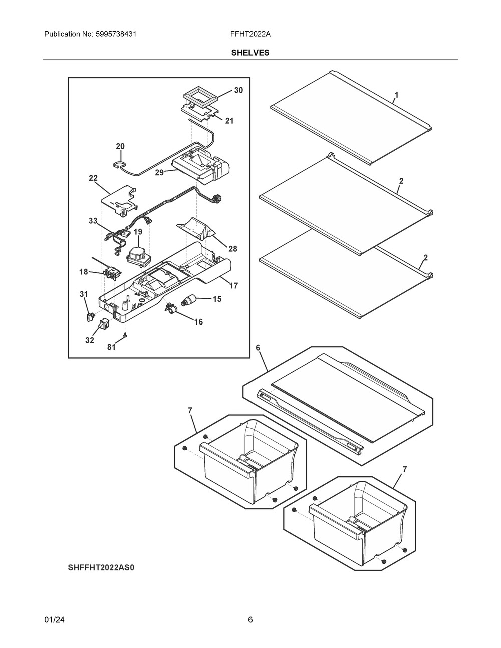 Shelves Diagram and Parts List for FFHT2022AS0  Frigidaire Refrigerator