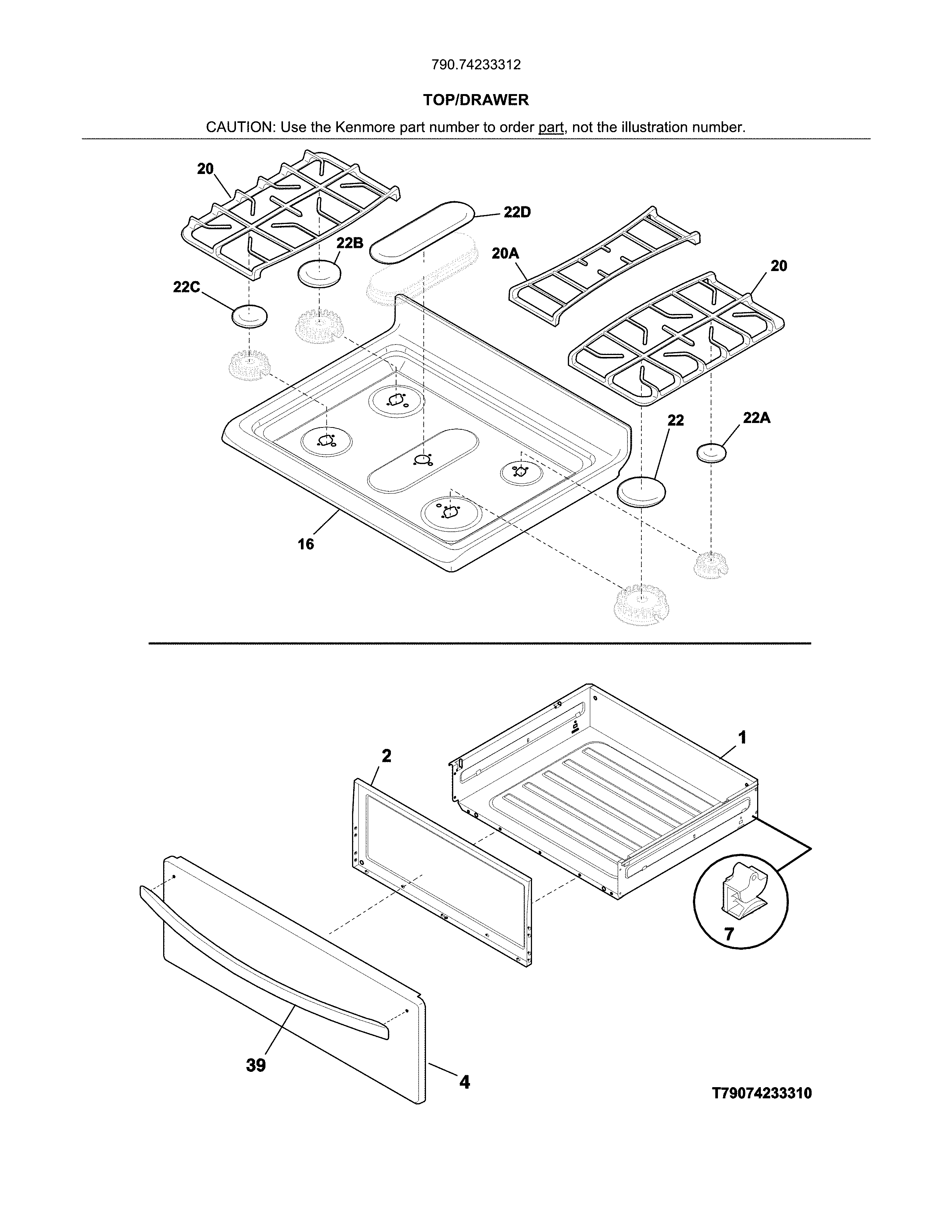 Top/drawer Diagram and Parts List for 79074233312  Kenmore Range