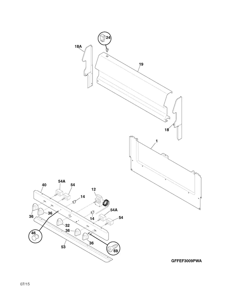 Backguard Diagram and Parts List for FFEF3009PWB  Frigidaire Range