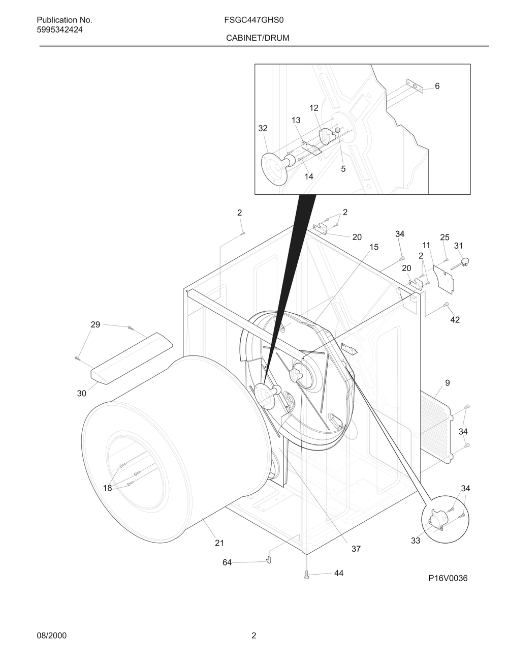 Cabinet/Drum Diagram and Parts List for FSGC447GHS0  Frigidaire Dryer