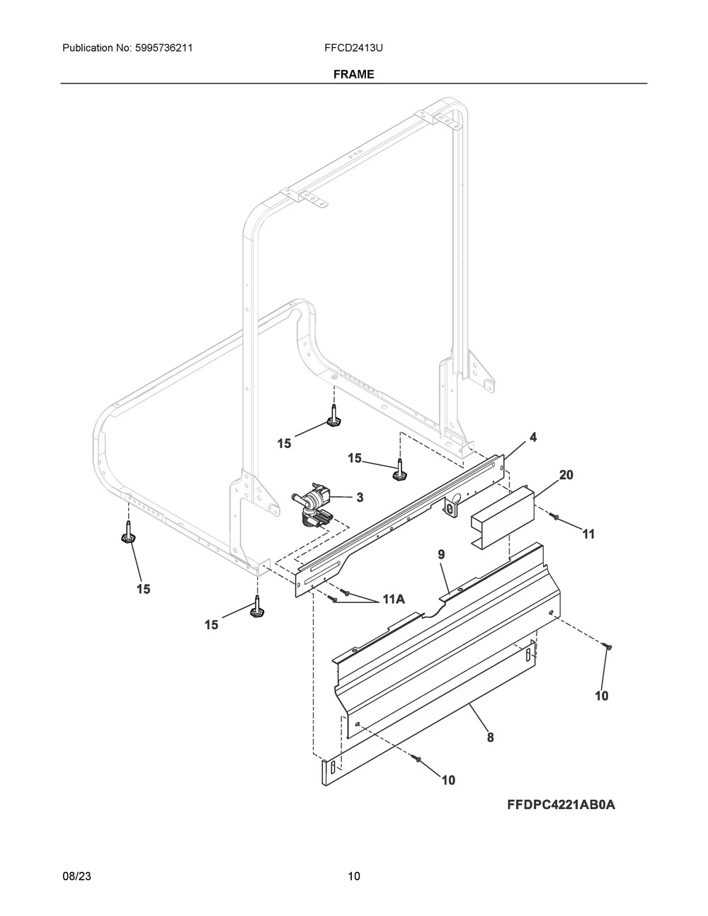 Frame Diagram and Parts List for FFCD2413UB5A  Frigidaire Dishwasher
