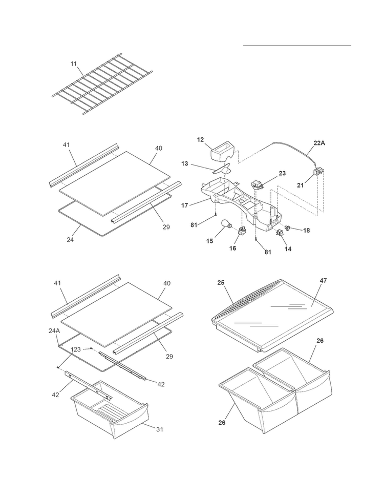 Shelves Diagram and Parts List for WRT8G3EWR  Westinghouse Refrigerator