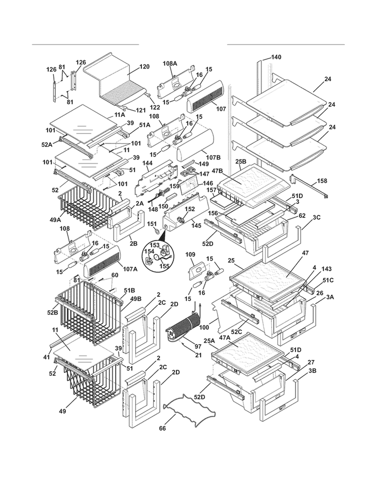 Shelves Diagram and Parts List for EW23CS70IS7  Electrolux Refrigerator