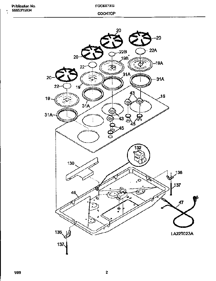 Cooktop Diagram and Parts List for FGC6X7XGBA-M2-01 10/00 Frigidaire Cooktop