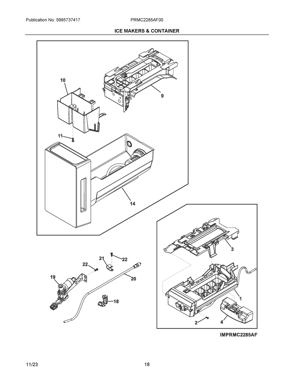 Ice Makers And Container Diagram and Parts List for PRMC2285AF00  Frigidaire Refrigerator